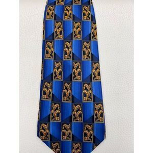 Lanvin Paris Men Blue Gold Art Deco Print Silk Neck Tie